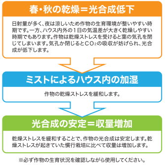 光合成の低下をミストによる加湿によって防ぐことができ、光合成量を増やすことで収量増加を狙えます。